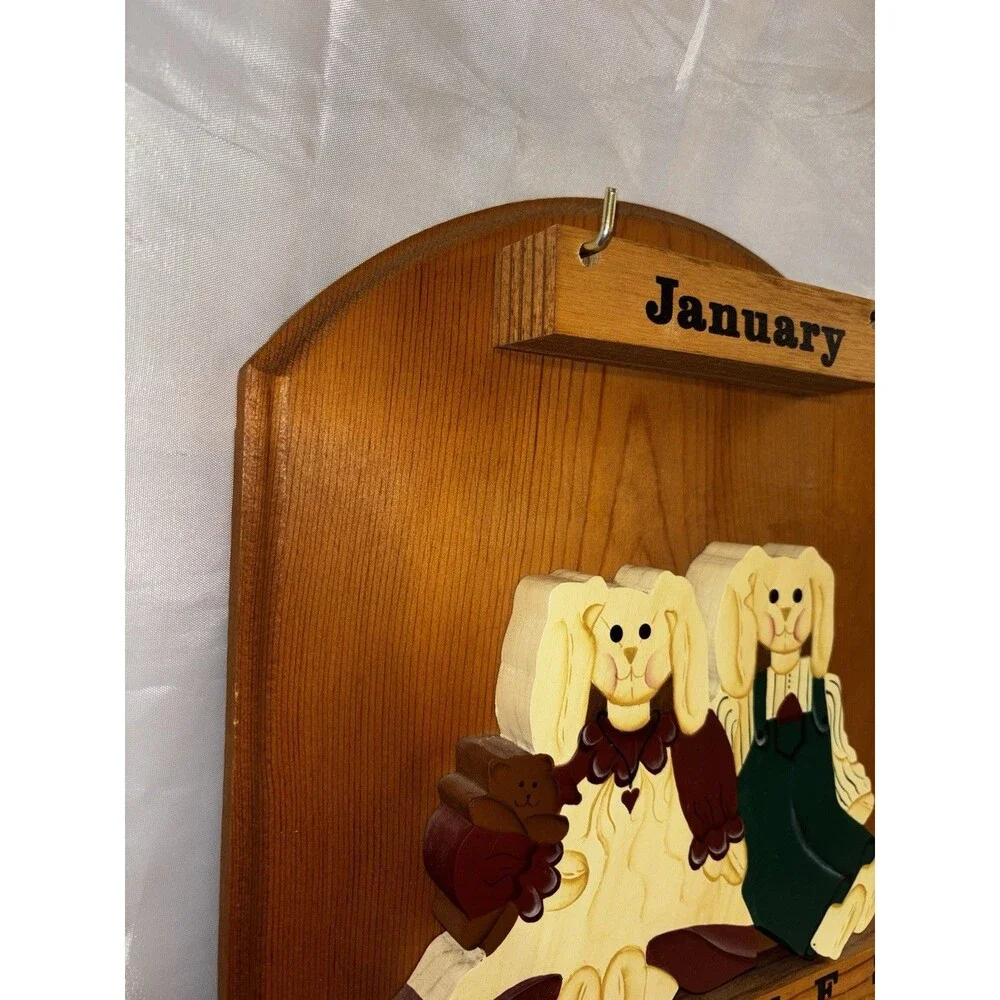 Vintage Wooden Perpetual Calendar Bunnies Cottage Core Decor